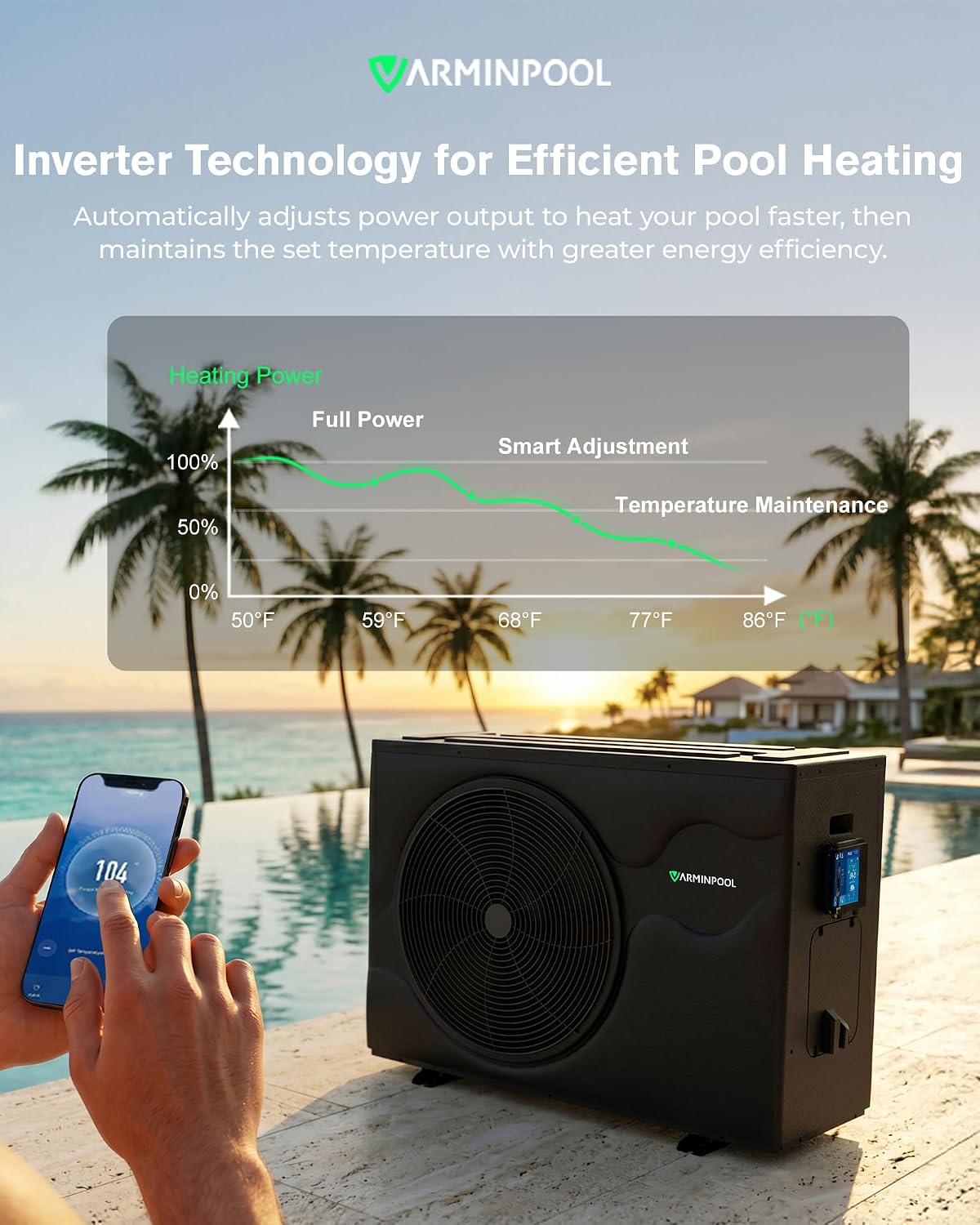 50000BTU Solar Pool Heater, Pool Heat Pump for Inground & Above Ground Pools up to 15000 Gallons